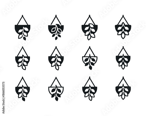 Balcony Plant Logos. Arranging Plants on a Balcony. Icon set. Set Logo of Arranging Plants on a Balcony: hanging planter with cascading leaves. harmonious logo