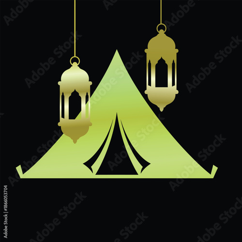 Ramadan tent and hanging lanterns golden silhouette on