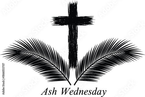 Minimalist Ash Wednesday vector featuring a textured charcoal cross framed by black palm fronds on a white background.
