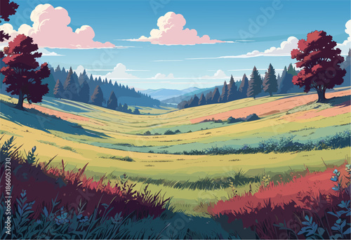 a picturesque meadow panorama. Rolling colorful hills with red autumn trees, distant pine forest, blue sky with fluffy clouds, peaceful nature background