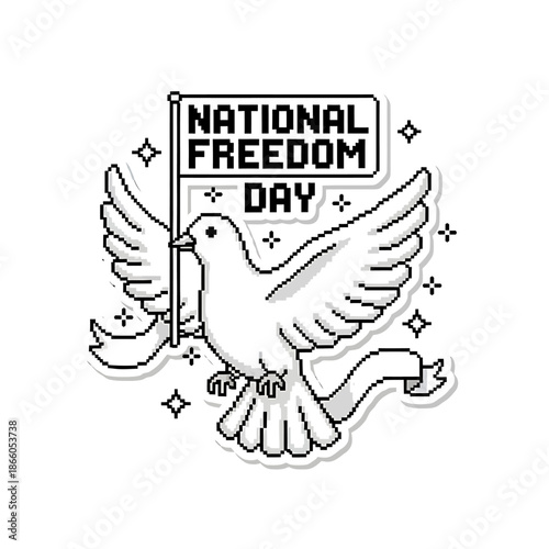 White dove flying with a 'National Freedom Day' banner, depicted in a charming pixel art illustration style, symbolizing peace, liberty, and national observance