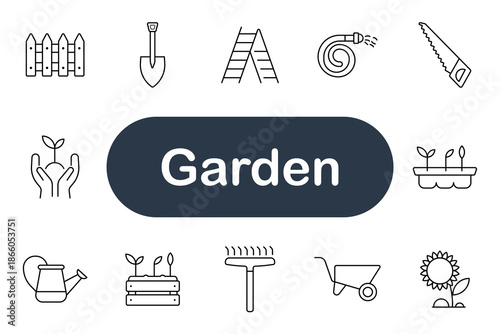 Garden set icon. Fence, shovel, hose, saw, watering can, rake, wheelbarrow, plant, flower, pot, sprout, soil, gardening, tool, growth, nature, landscape, cultivation, care, outdoor