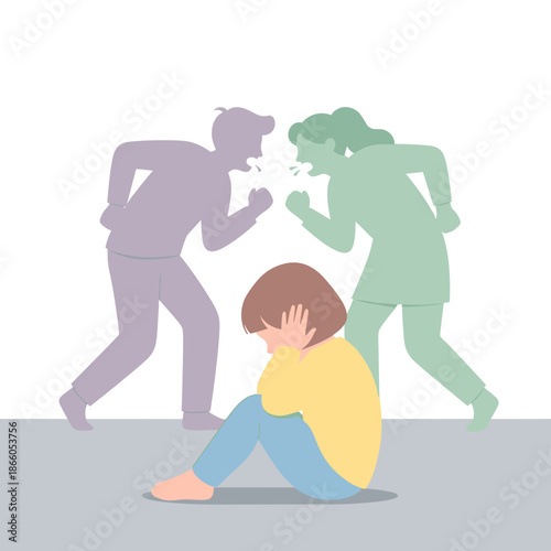 Child sitting on floor with hands over ears during parental conflict  