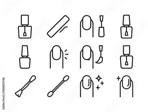 Nail Polish Icons. Nail polish steps. Line icon set of Nail polish steps: base coat bottle, nail sanding block, clean nail icon, polish brush, color polish