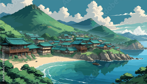 a traditional Asian coastal village with green-roofed houses. Scenic island landscape featuring a sandy beach, calm blue ocean, lush green mountains, and fluffy clouds in a sunny sky.