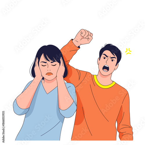 Man shouting at woman covering ears in stressful emotional situation  