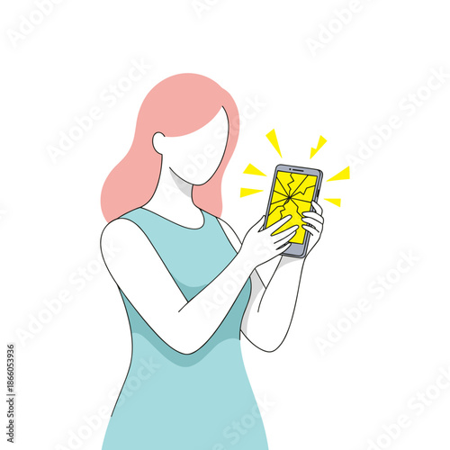 Woman holding cracked smartphone and reacting with surprise   