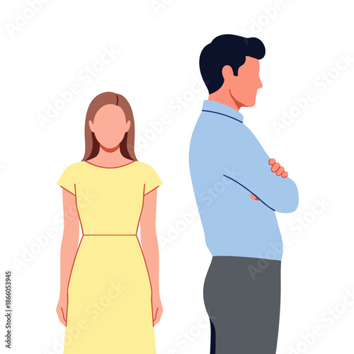 Couple standing apart with emotional distance in bright illustration  