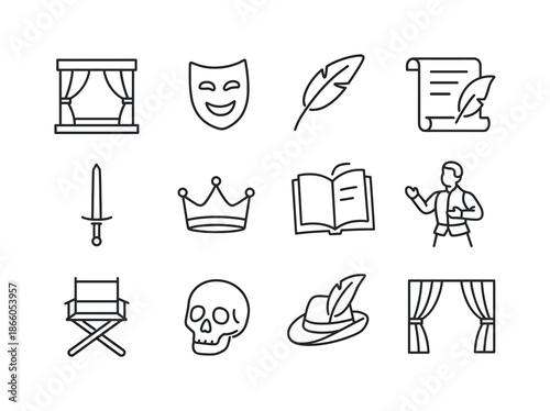 Shakespeare Icon Set. Actors rehearsing a scene from a Shakespearean play. Line icon set of Actors rehearsing a scene from a Shakespearean play: stage, mask,