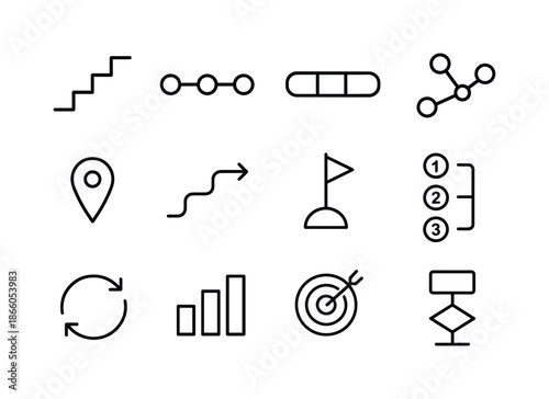 Stage Progress Icons. Stages. Line icon set of stages: step ladder, timeline, progress bar, nodes, checkpoint dot, arrow path, milestone flag, numbered steps