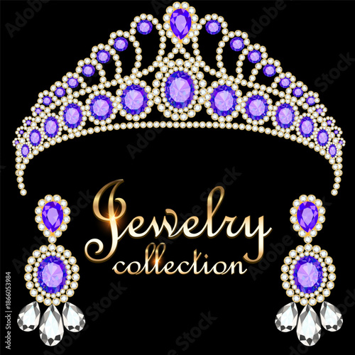  Crown and earrings with purple gemstones and diamonds from a jewelry collection