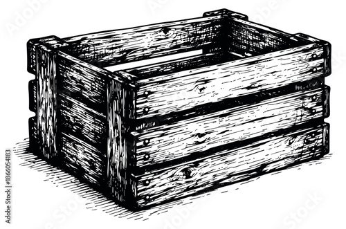 Hand drawn line art illustration of a wooden crate depicting a rustic storage box for packaging and transport concepts