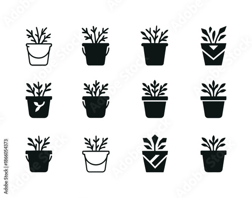 Weeding Logo Variations. Weeding. Icon set. Set Logo of Weeding: bucket of weeds. harmonious logo variations of the same emblematic concept, each