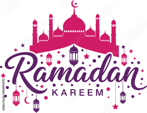 Modern Ramadan Kareem vector with pink mosque silhouette purple cursive typography and decorative hanging celestial holiday party charms.