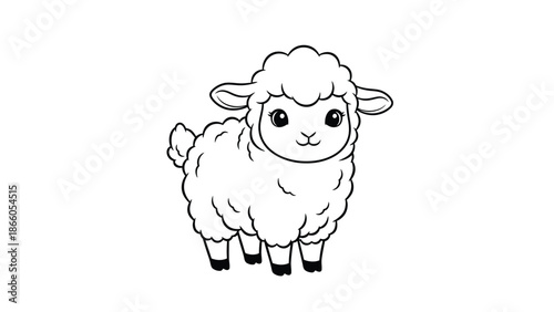 A charming black and white illustration presents a fluffy lamb with a sweet smile perfect for children's designs educational materials and springtime themes
