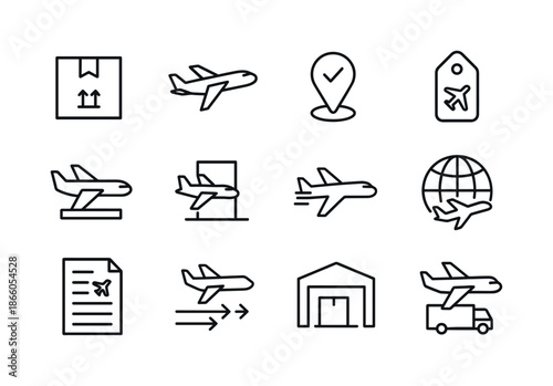 Airplane Icon Set. Airplane. Line icon set of Airplane: air cargo box, logistics airplane, tracking number, shipping tag, airplane pallet, loading zone,
