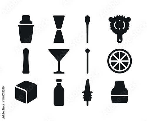Mixology Tools Icons. Mixology tools. Solid icon set of mixology tools: shaker, jigger, bar spoon, strainer, muddler, cocktail glass, garnish stick, citrus