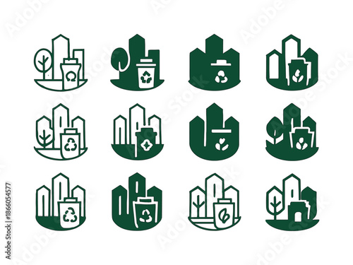 NGO Waste Management Logos. The role of NGOs in waste management. Icon set. Set Logo of The role of NGOs in waste management: eco-friendly city emblem.