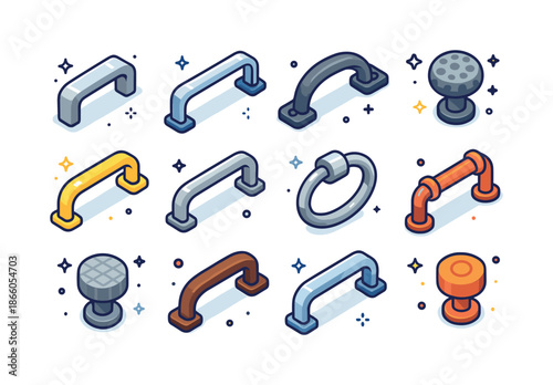 Colorful Metal Handle Icons. Metal handles. Colorful isometric vector icons set of metal handles: brushed steel handle, chrome bar pull, cast iron pull,