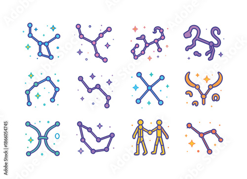 Colorful Constellation Icons. Constellations. Colorful isometric vector icons set of Constellations: orion lines, big dipper, scorpio shape, leo outline,