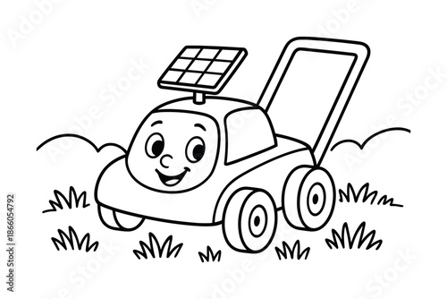 Solar Mower Coloring. Solar lawn mower children?s coloring book illustration, outlined drawing, a cheerful mower with a tiny solar panel on top rolling over