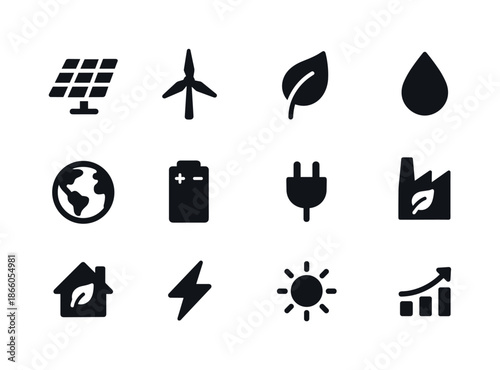 Sustainable Power Icons. Sustainable Power. Solid icon set of sustainable power: solar panel, wind turbine, leaf, water drop, globe, battery, plug, factory,