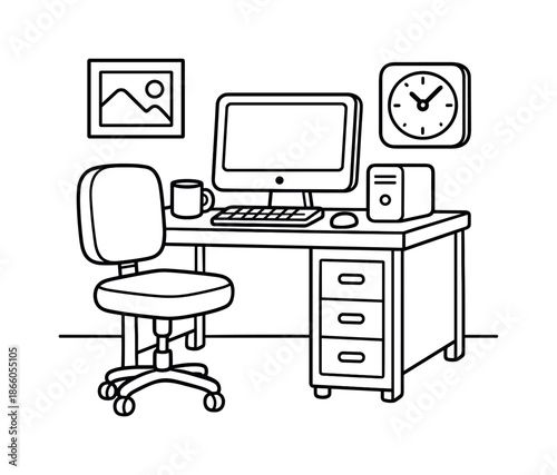 Kids' Coloring Desk. Home office setup children?s coloring book illustration, outlined drawing, cartoon desk with a simple computer and chair arranged neatly,