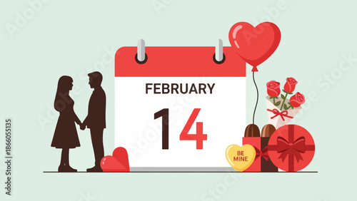 Sweet Heart Character with Pink Bow Holding a Red Heart Balloon, Kawaii Valentine's Day Illustration for Romantic Greeting Cards