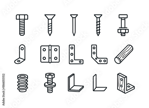 Wood and Metal Icons. Wood and Metal Hardware. Line icon set of Wood and Metal Hardware: hex bolt, flat screw, carpenter nail, wood screw, bracket mount, hinge
