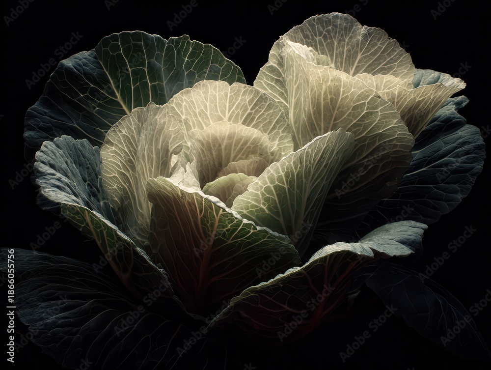 Obraz premium cabbage leaves with detailed veins and natural imperfections, dark background