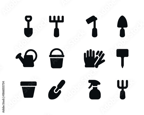 Garden Kids Icons. Garden kids set. Solid icon set of Garden kids set: child-sized shovel, rake, hoe, trowel, watering can, bucket, gloves, plant marker, small