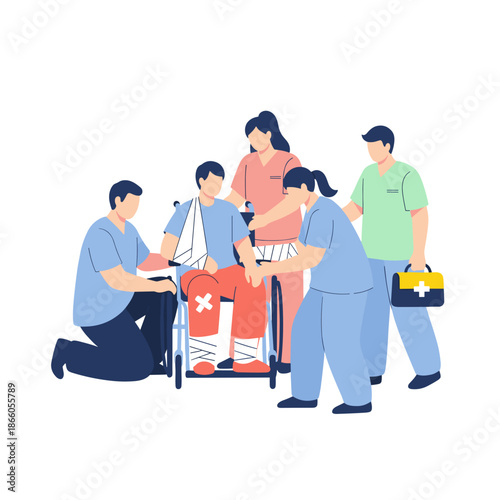 Medical team assisting injured patient in wheelchair with care  