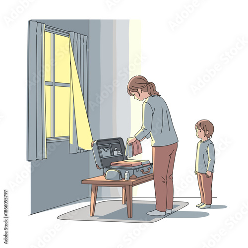Mother packing suitcase while child watches in cozy room  