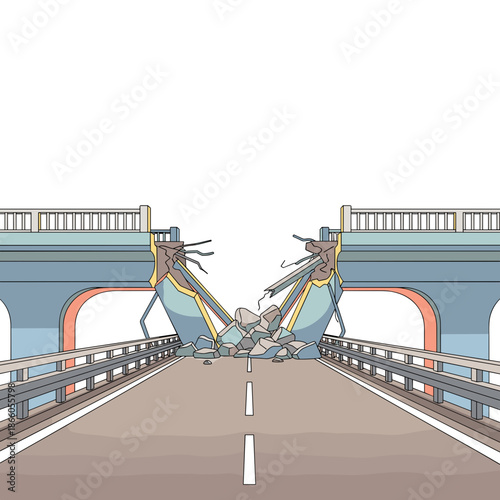 Damaged bridge with broken roadway and debris in urban setting  