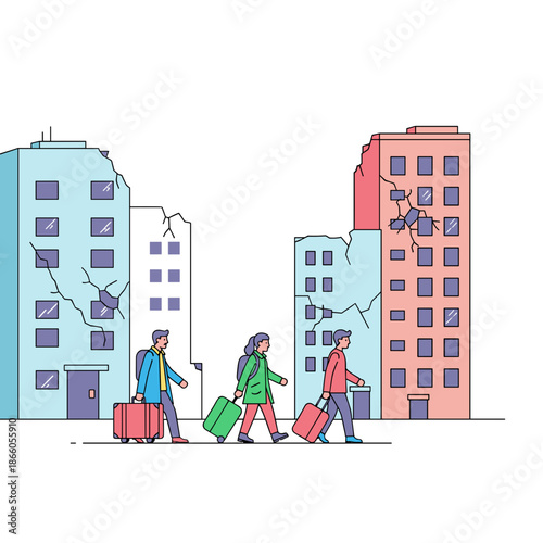 People walking with suitcases through a damaged cityscape  