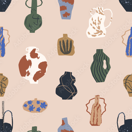 Ceramics pattern, seamless design. Hand-drawn ceramic vases, pottery in modern trendy style, repeating print. Endless background, texture with craft crockery for wrapping. Flat vector illustration