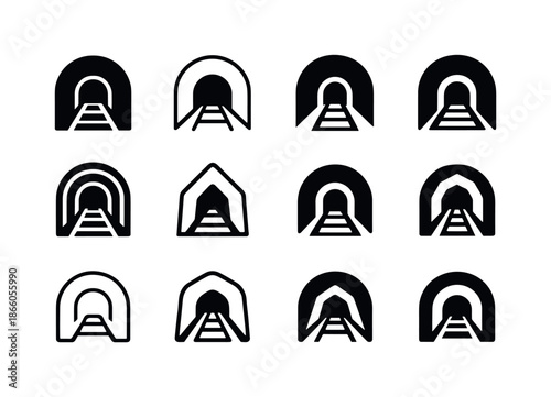 Underground Mining Icons. Underground Mining Techniques. Icon set. Set Logo of Underground Mining Techniques: cross-section of mine tunnel. harmonious logo