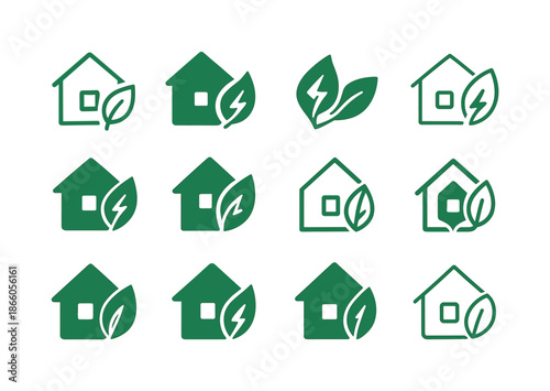 Renewable Energy Icons. Renewable energy adoption. Icon set. Set Logo of renewable energy adoption: energy-efficient house. harmonious logo variations of the