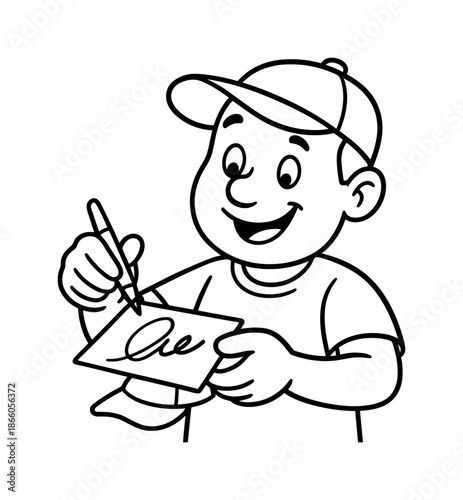 Coloring Book Character. Fan memorabilia children?s coloring book illustration, outlined drawing, a friendly character holding a hat or card being signed with