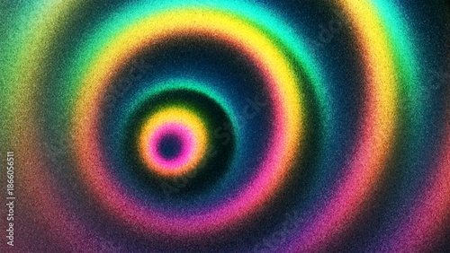 Colorful circular wave pattern forming radiant concentric rings with grainy gradient texture created from thousands of individual dots. Dynamic rainbow ripple with hypnotic expanding waves. Vector