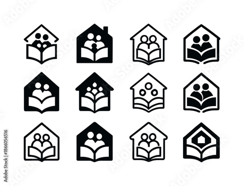 Home Education Icons. Home education and the role of parents in teaching. Icon set. Set Logo of Home education and the role of parents in teaching: house with