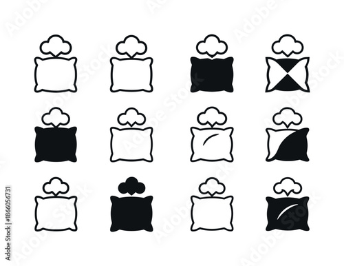 Cushion Cloud Icons. Fluffing Pillows. Icon set. Set Logo of Fluffing Pillows: soft cushion with puff cloud above. harmonious logo variations of the same