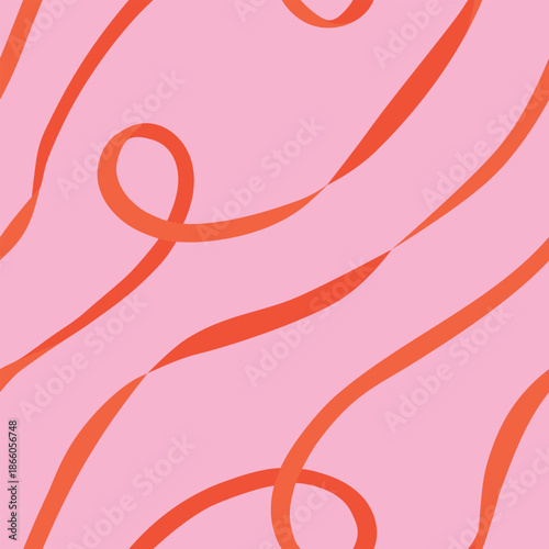 Curly ribbon vector seamless pattern. Festive orange swirl diagonal lines on bright pink background. Modern abstract wavy repeat design. Cute minimal tile for Birthday party, textile in flat style