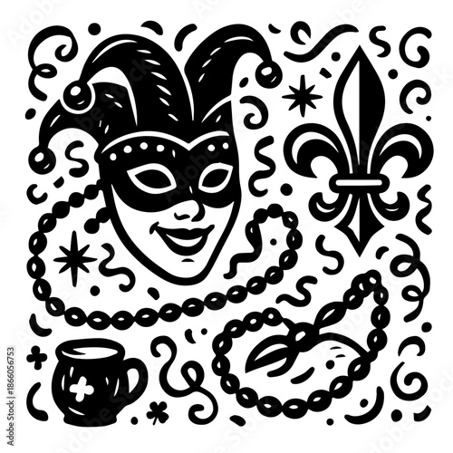 Carnival Mask and Fleur de Lis Decorative Illustration