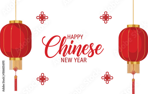 Symmetrical Chinese New Year banner featuring two large red hanging lanterns gold tassels and traditional knot ornament accents.