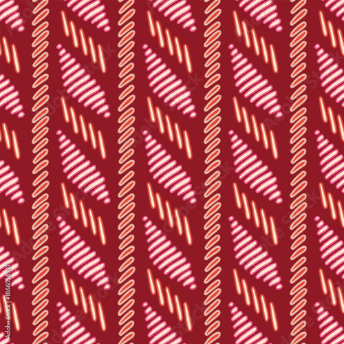 Abstract festive vector seamless pattern. Diagonal hand drawn shapes, brush strokes and outlines on vibrant dark red background. Bright cozy modern holiday repeat tile for wrapping, print, textile