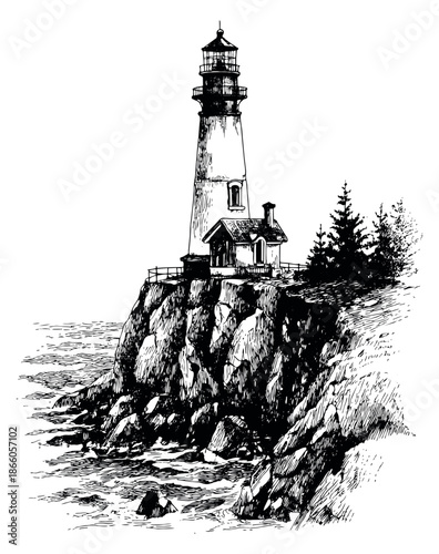 Hand drawn line art illustration of a lighthouse depicting a rocky coastal scene for maritime navigation