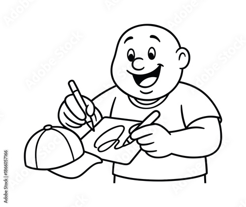 Coloring Book Character. Fan memorabilia children?s coloring book illustration, outlined drawing, a friendly character holding a hat or card being signed with