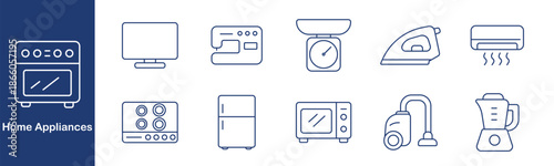 Home appliances set icon. Oven, monitor, sewing machine, scale, iron, air conditioner, stove, fridge, microwave, vacuum, blender. Kitchen, cooking, cleaning, cooling, device, household.