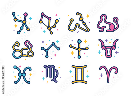 Colorful Constellation Icons. Constellations. Colorful isometric vector icons set of Constellations: orion lines, big dipper, scorpio shape, leo outline,